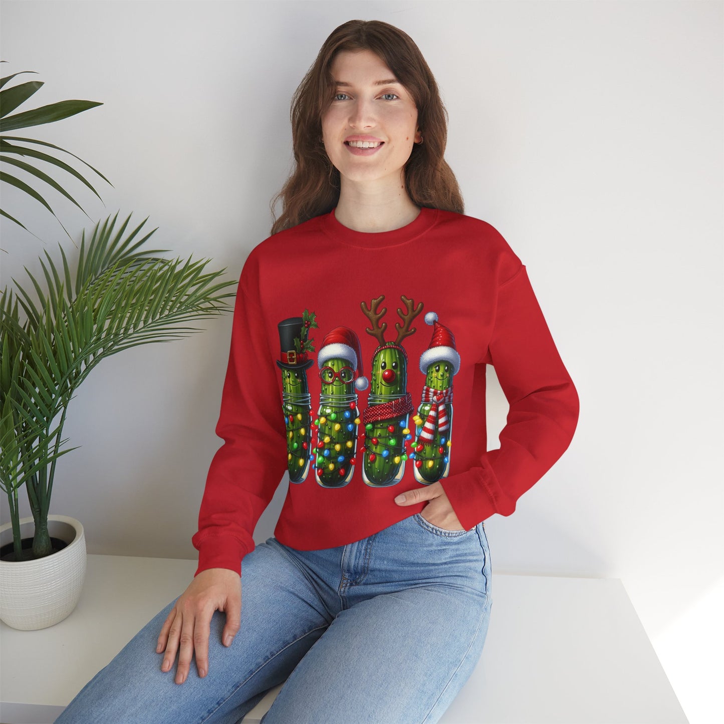 Christmas Holiday Pickles Sweatshirt, Funny Festive Christmas Pickle Unisex Heavy Blend Crewneck Sweatshirt