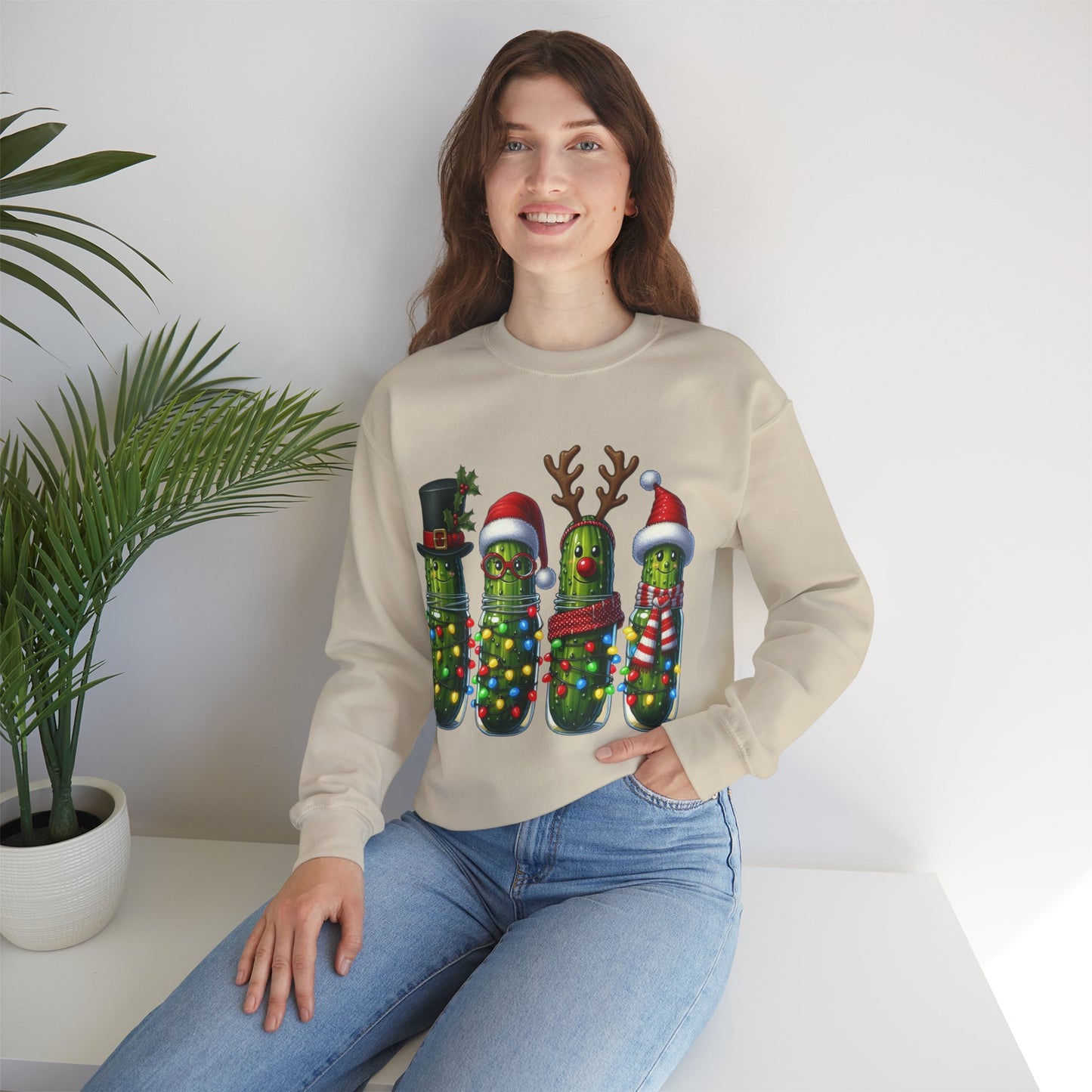 Christmas Holiday Pickles Sweatshirt, Funny Festive Christmas Pickle Unisex Heavy Blend Crewneck Sweatshirt