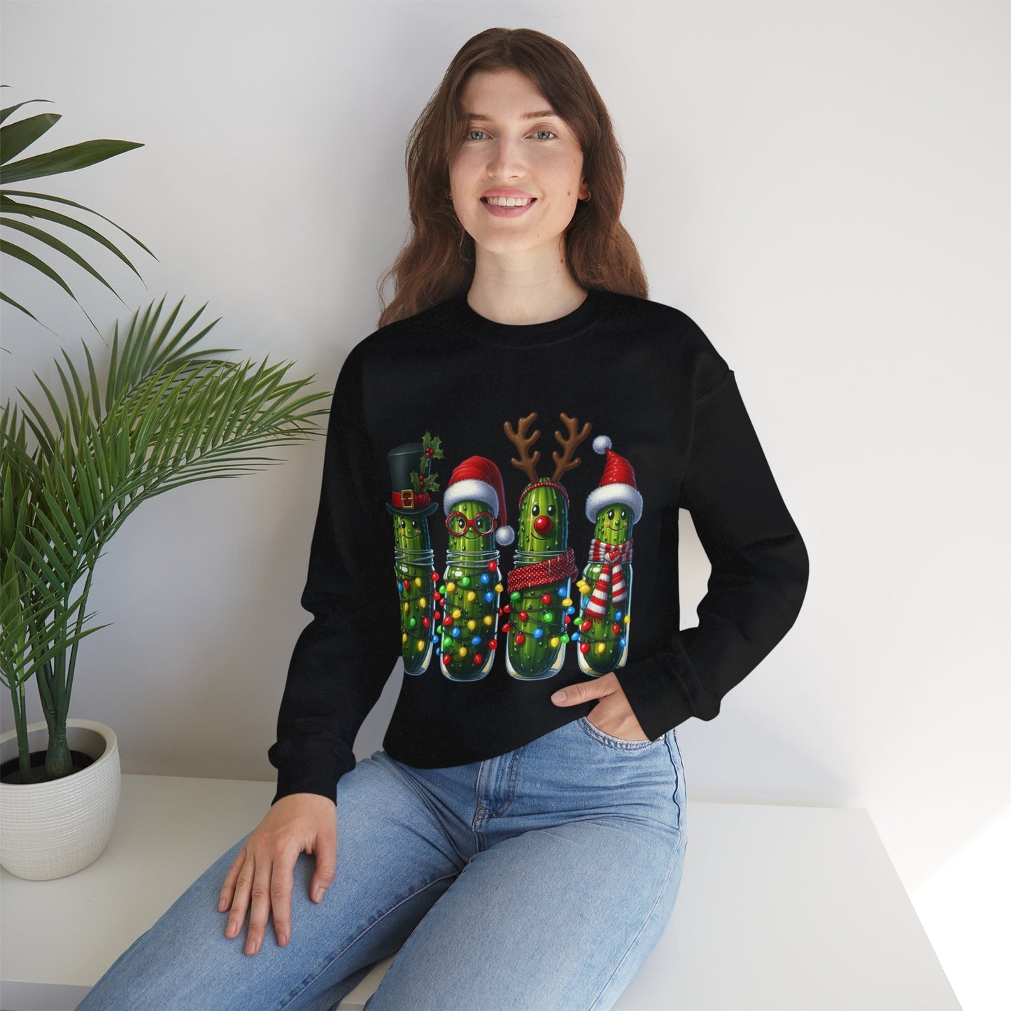 Christmas Holiday Pickles Sweatshirt, Funny Festive Christmas Pickle Unisex Heavy Blend Crewneck Sweatshirt