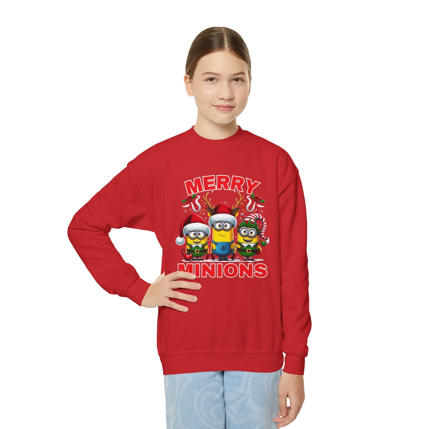 Christmas Minion Youth Crewneck Sweatshirt | Cute Xmas Family Matching Graphic