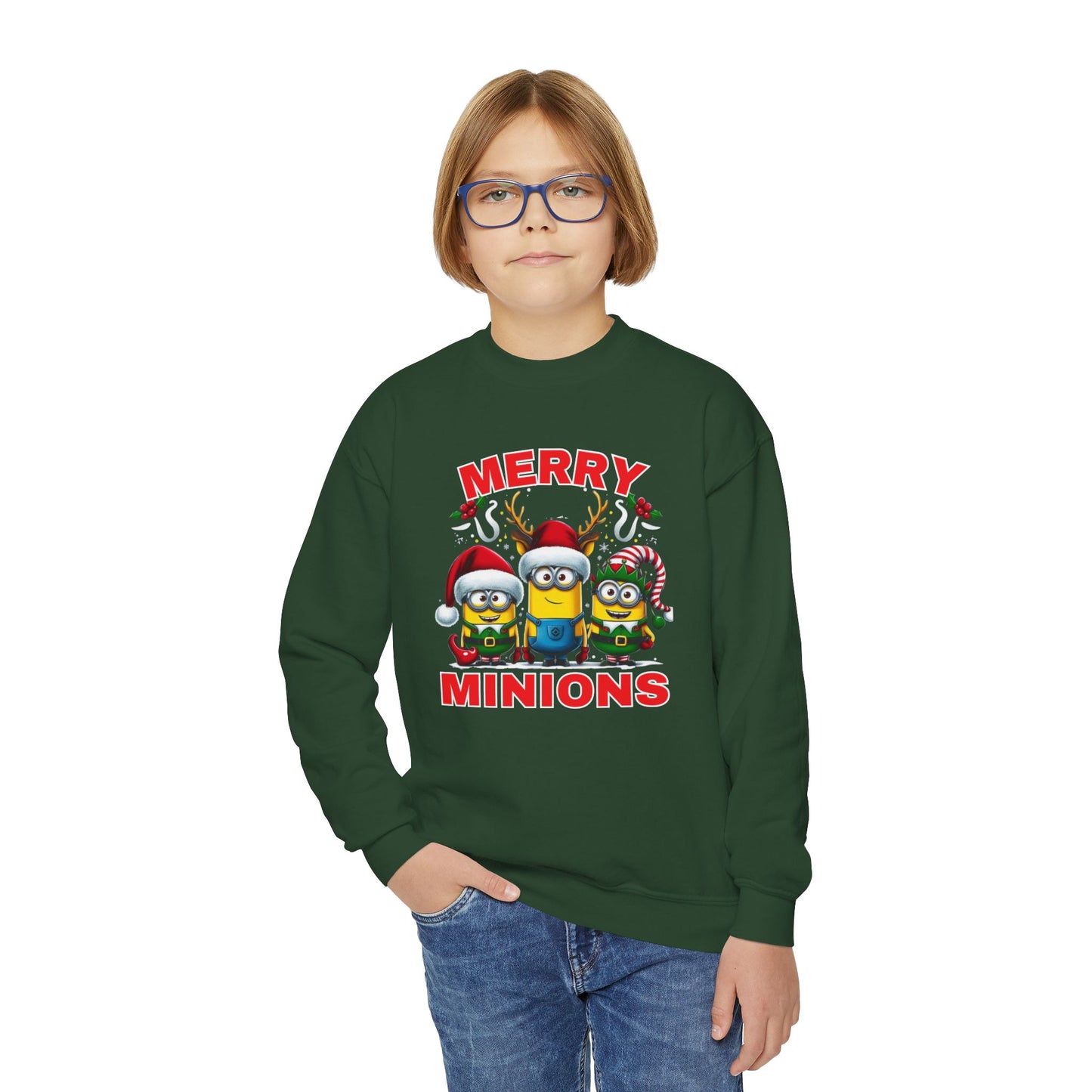 Christmas Minion Youth Crewneck Sweatshirt | Cute Xmas Family Matching Graphic
