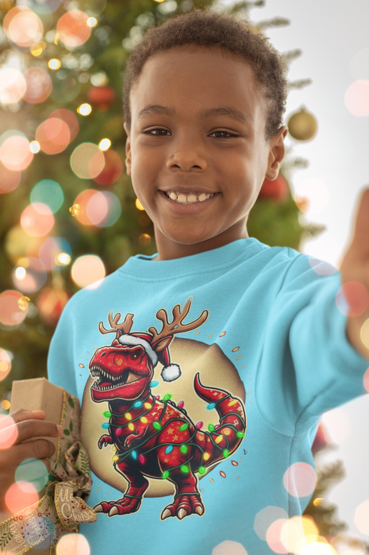 Cute Dinosaur Christmas Lights Sweatshirt for Kids | Festive Holiday Dinosaur | Funny Xmas Toddler Long Sleeve Tee