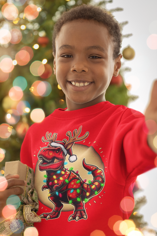 Cute Dinosaur Christmas Lights Sweatshirt for Kids | Festive Holiday Dinosaur | Funny Xmas Toddler Long Sleeve Tee